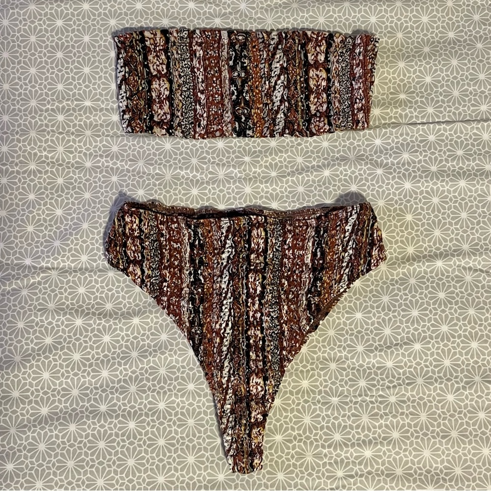 Indah high rise two piece bandeau strapless bikini batik print S